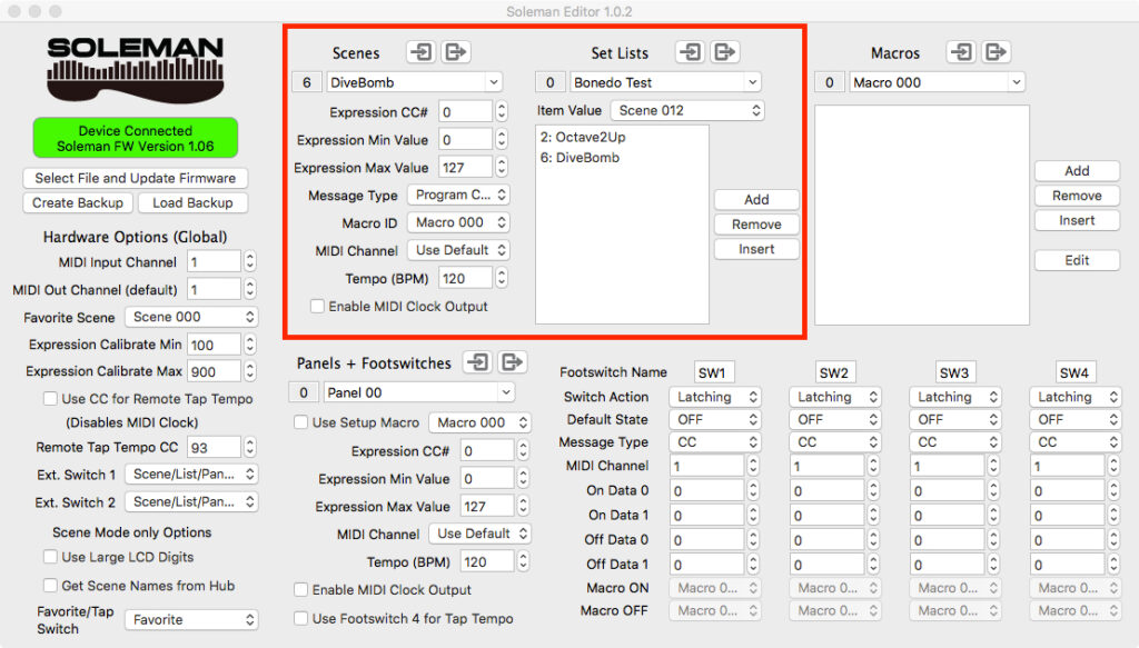 Soleman Editor - rot umrahmt sind die Einstellmöglichkeiten für Scenes und Set Lists