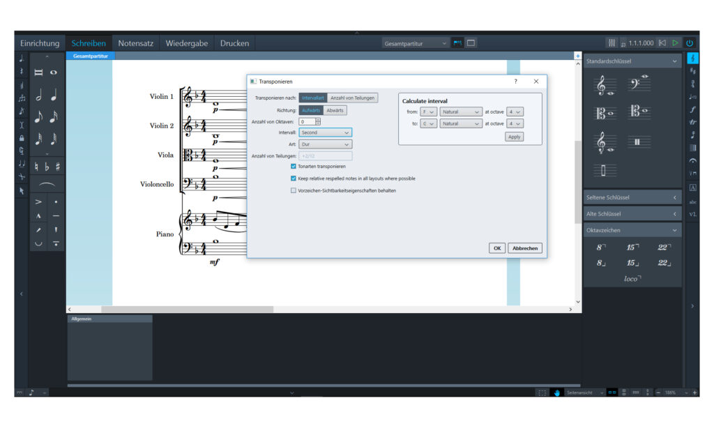 Eine Funktion zum Transponieren ausgewählten Notenmaterials darf in keiner Notationssoftware fehlen. In Dorico kam ein entsprechender Dialog erst mit dem ersten Update dazu, und auch in der aktuellen Version wird man noch an vielen Stellen mit einem Mischmasch aus Deutsch und Englisch konfrontiert.