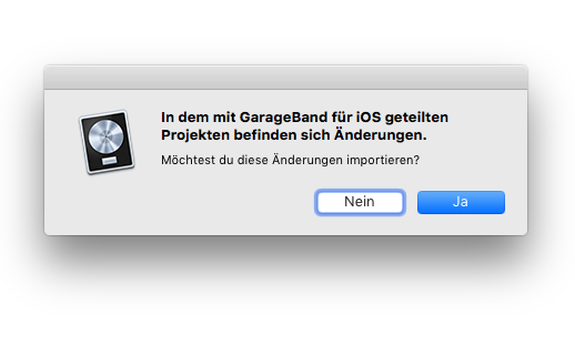 Beim Öffnen des ursprünglichen Logic-Projekts lässt sich dann entscheiden, ob die neuen Aufnahmen aus Garageband übernommen werden sollen.