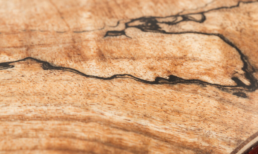 Kleine Fußnote gefällig? Als "spalted" bezeichnet man in Wahrheit das Holz eines kranken, von Stockschwämmen befallenes Stammes. Die typische Zeichnung ist ein deutlicher Hinweis auf Pilzbefall. Eigentlich kein Garant für gute Schwingungseigenschaften. Da Zierdecken auf Instrumenten für gewöhnlich sehr dünn sind, sind hierdurch aber keinerlei klangliche Einbußen zu erwarten.