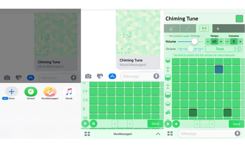 MusicMessages wird in iMessage angewählt. Die einzelnen Patterns erscheinen als Nachrichten. Auf dem voll ausgeklappten Screen kann dann programmiert werden.