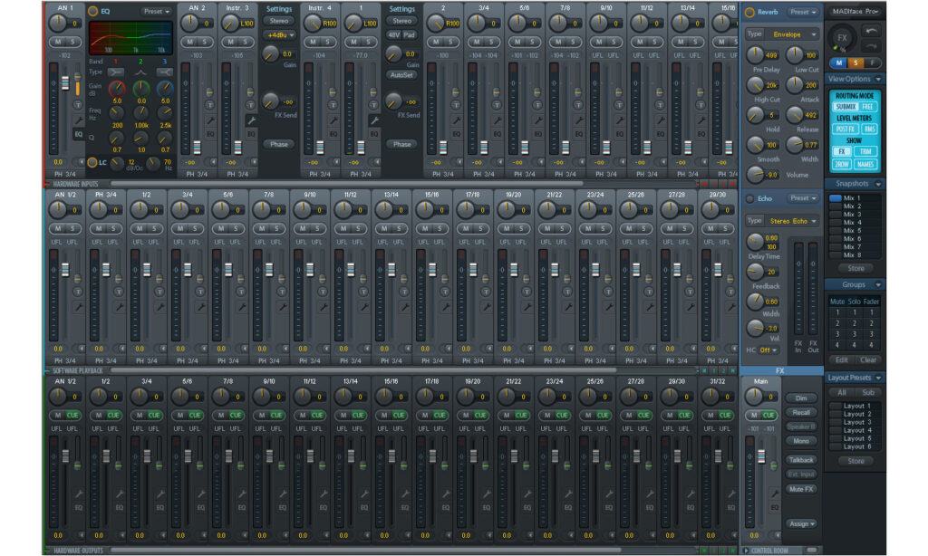 In TotalMix FX regelt man das Routing und erstellt bei Bedarf Kopfhörermischungen inklusive DSP-gestütztem EQ und Hall/Delay.