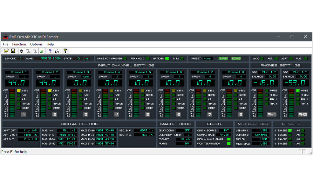 Über die RME MIDI Remote lassen sich im Gegensatz zu TotalMix sämtliche Einstellungen des Octamic XTC steuern.