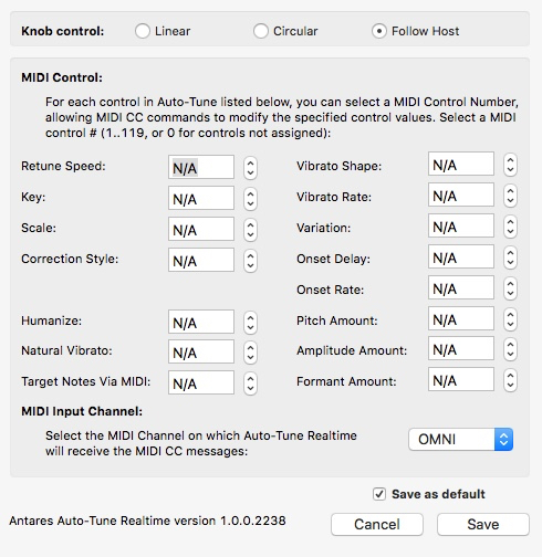 Das MIDI Mapping von Auto-Tune Realtime.