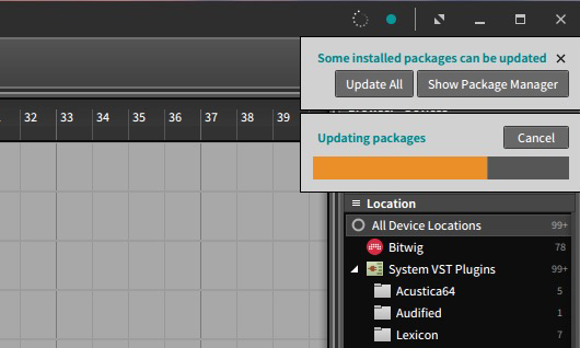 Beim ersten Start bietet Bitwig gleich Aktualisierungen der bereits installierten Libraries an.