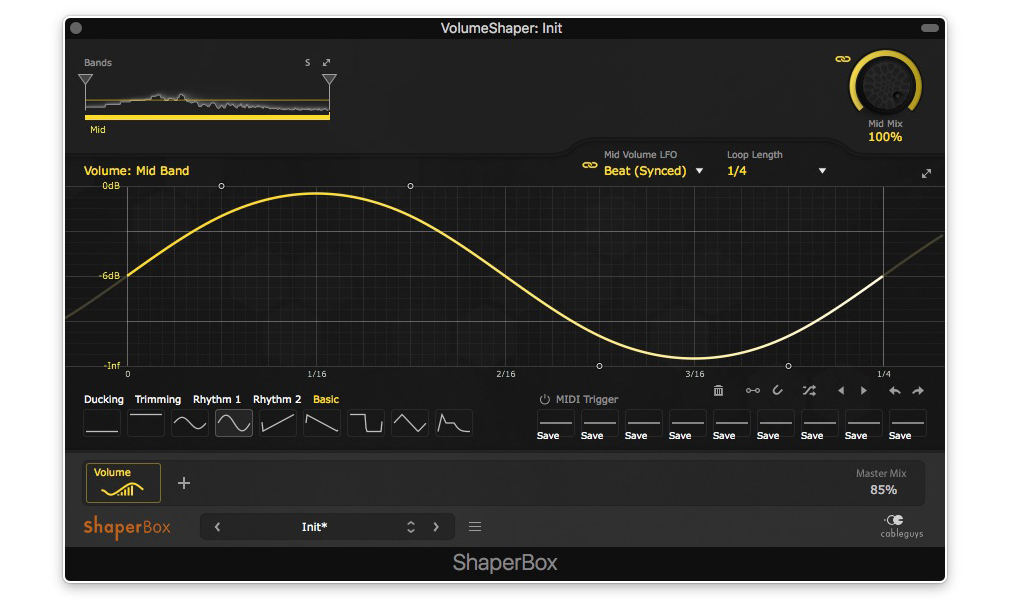 Beim VolumeShaper wird nicht komprimiert, sondern eine Hüllkurve geformt und mit LFO getriggert.