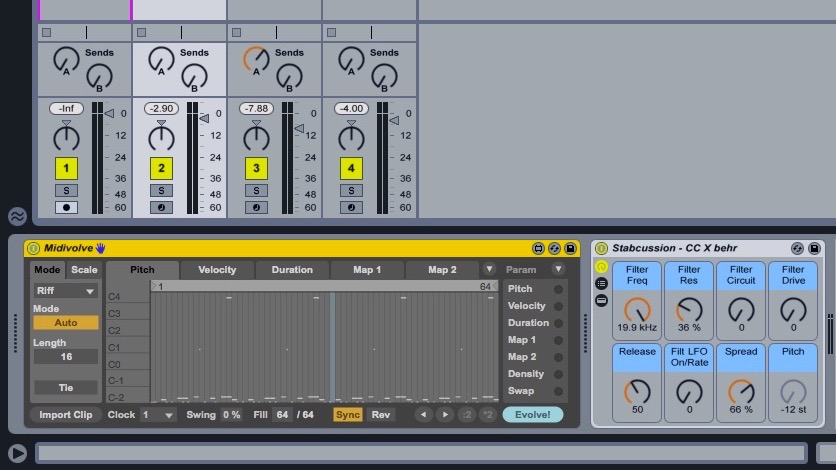 MIDIvolve ist ein Max 4 Live Patch, eine Art „Über-Arpeggiator auf Steroiden“ (Bild: Screenshot Ableton Live, mit freundlicher Genehmigung von Matt Black)