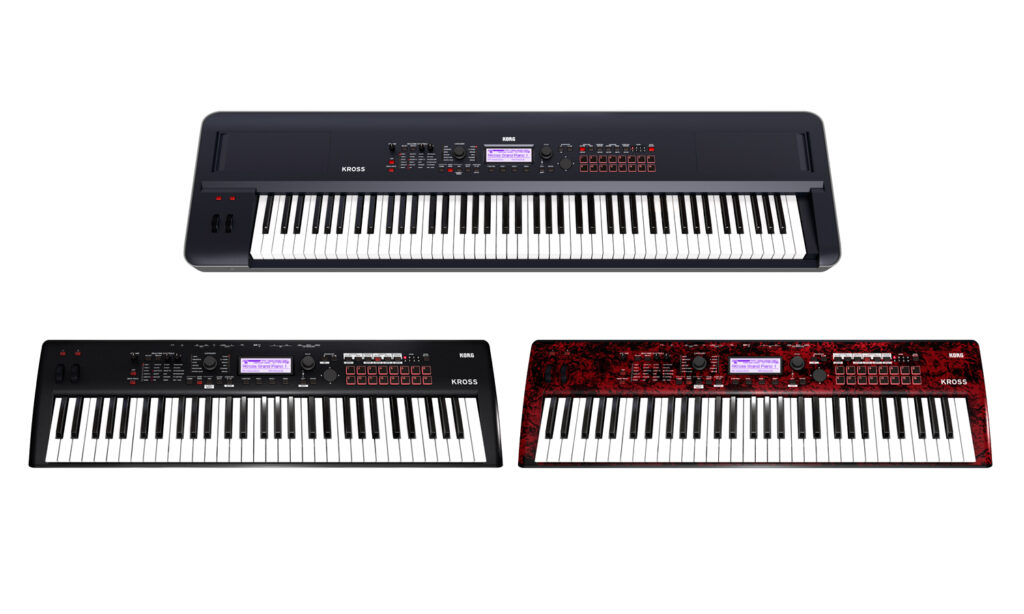 (Foto: Korg / KROSS 2 88 "Dark Blue" (oben), KROSS 2 61 "Super Matte Black" (unten links), KROSS 2 "Red Marble" (limitiert, unten rechts).