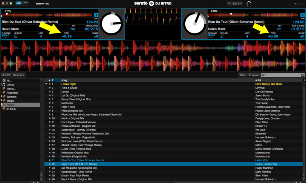 Serato Intro zeigt in der jeweiligen Fader-Nullstellung bereits einen Pitchwert in der Software an
