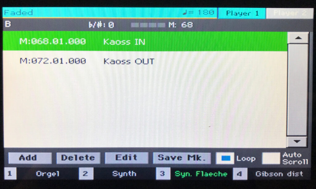 In einem MIDI-File Loop-Marker setzen und die KAOSS-Funktion verwenden. Displaydarstellung im Korg Pa4X Musikant. (Foto: Jürgen Sartorius)
