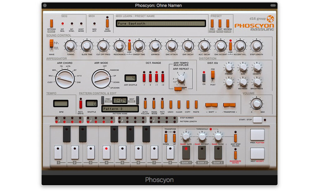 Phoscyon erlaubt mehr Klanggestaltung als das Original und verfügt über einen umfangreichen Arpeggiator.