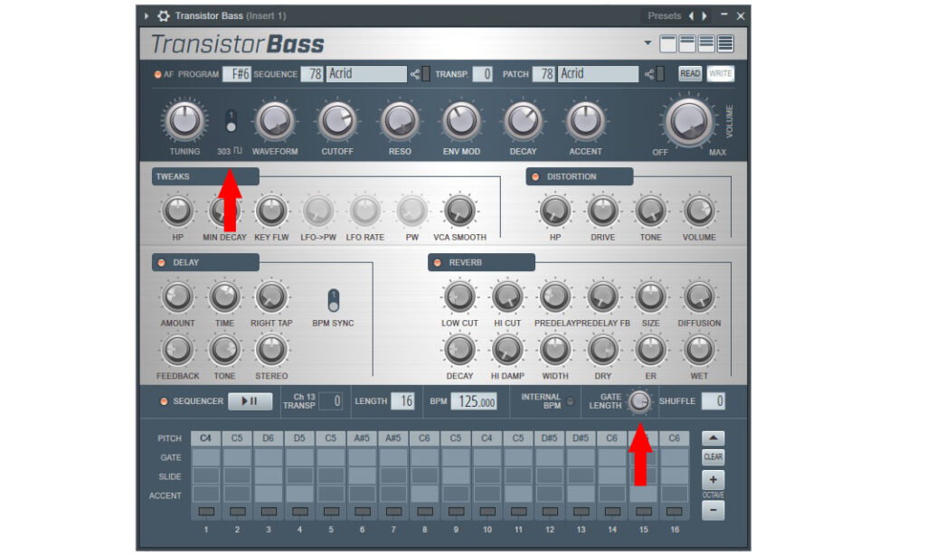 Erweiterte TB-303-Emulation: 303-Wellenform und Gate-Length für Transistor Bass