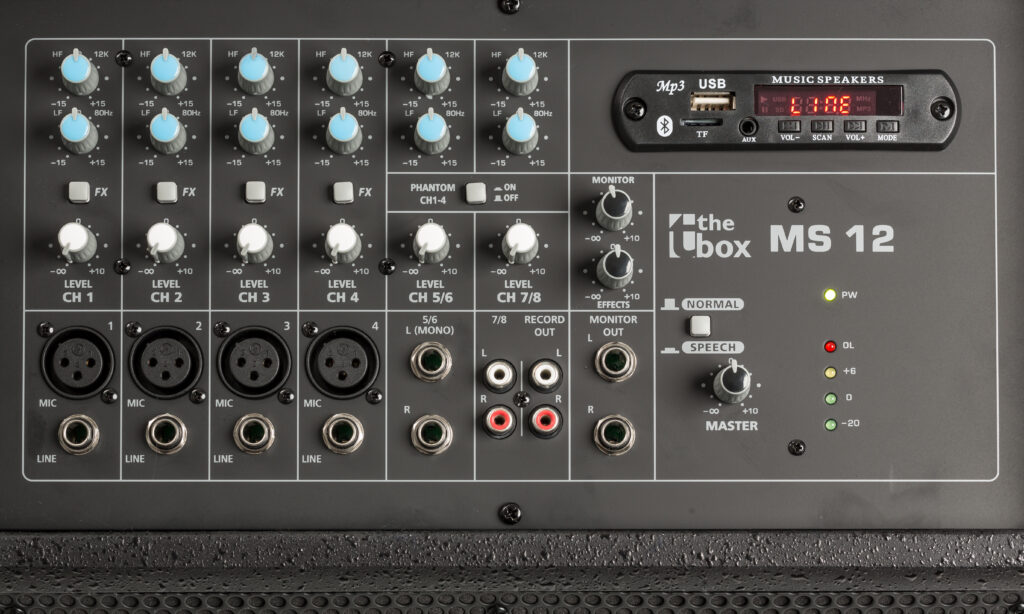 Am "The Box MS 12" anliegende Audiosignale werden über den MONITOR OUT L/R zu einer externen Audio-Anlage gesendet. Alle am Keyboardverstärker anliegenden Signale können über die RECORD-Ausgänge (Cinch) mit daran angeschlossenen Aufnahmegeräten aufgenommen werden. (Foto: Bonedo)