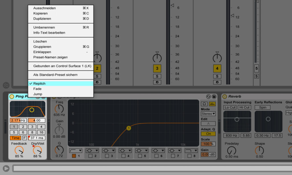 Repitch, Fade und Jump Funktion in Abletons Delays