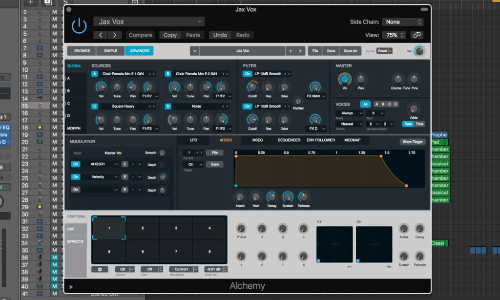 Der Pad-Sound für die Strophe basiert auf zwei Chorsamples aus Alchemy.