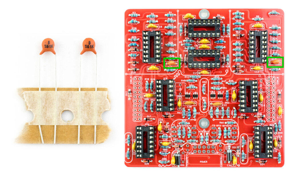 Zwei 560p Kondensatoren sind mit ‚561‘ auf den Bauteilen gekennzeichnet. (Foto: Igor Sabara)