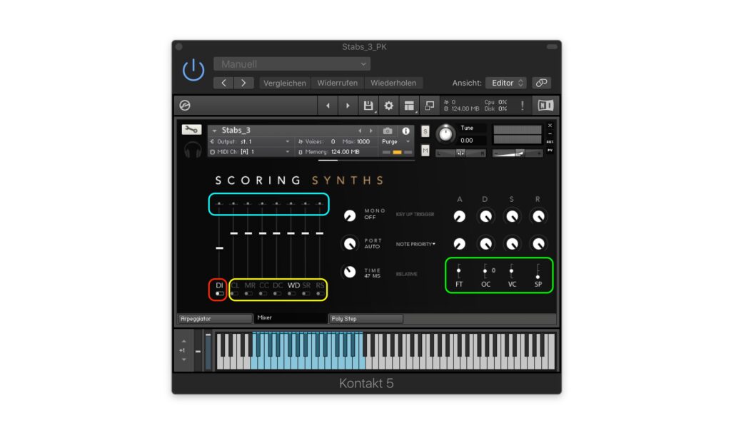 Blau: Panorama; Rot: Blend zwischen DI und Raummikrofonen; Gelb: Phase Allign; Grün: Fine Tune, Transpose, Velocity Intensität, Pan-Koppelung an MIDI Key