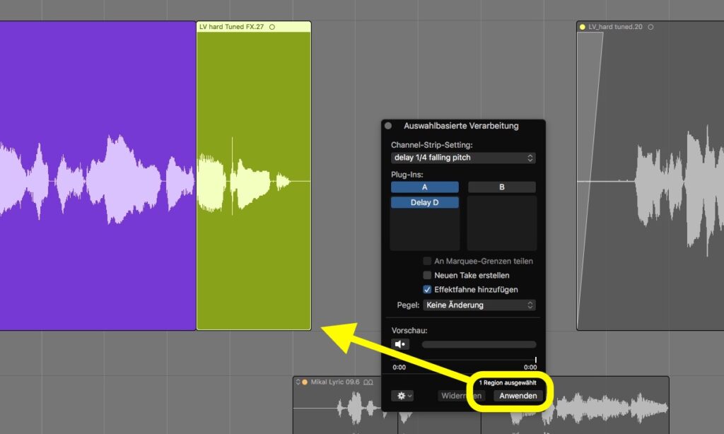 Die Funktion erlaubt das einrechnen von Plug-ins in selektierte Audioregionen. Wichtig: Bei ausklingenden Effekten „Effektfahne einfügen“ anklicken!