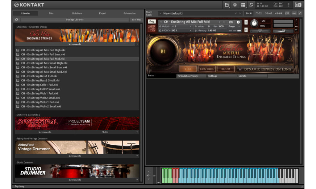 Die Chris Hein Ensemble Strings kommen mit 14 Programmen (siehe Bereich auf der linken Seite) für Native Instruments Kontakt 5.