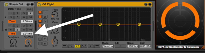 Links in der Effektkette sieht man eine Verzögerung für den rechten Bus. (Dass für die linke Seite 1 ms zu lesen ist, liegt an der Minimalverzögerung dieses Effekts.)
