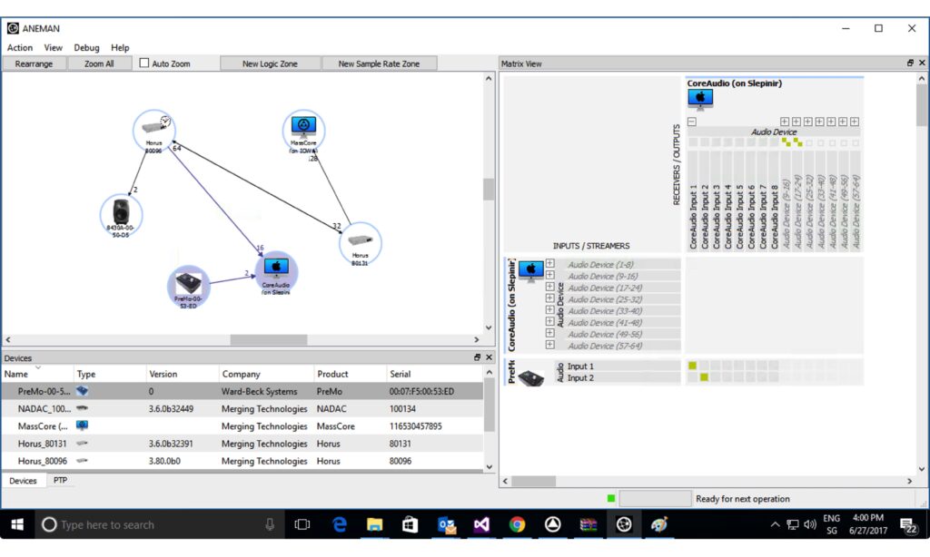 ANEMAN Audio Network Manager on Windows 10 with a Pyramix MassCore, two Horus converters, Genelec Speakers, a Macbook Pro and a PreMo device