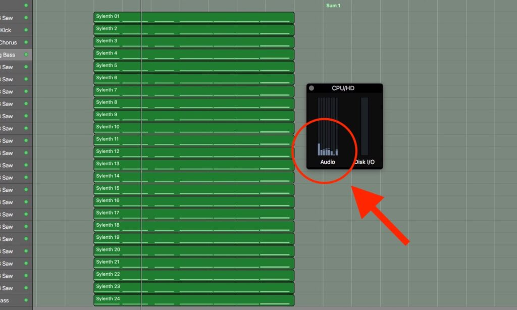 24 Plug-in Instanzen mit jeweils 4-stimmigen Akkorden bei einer eingestellten I/O-Puffergröße von 256 Samples