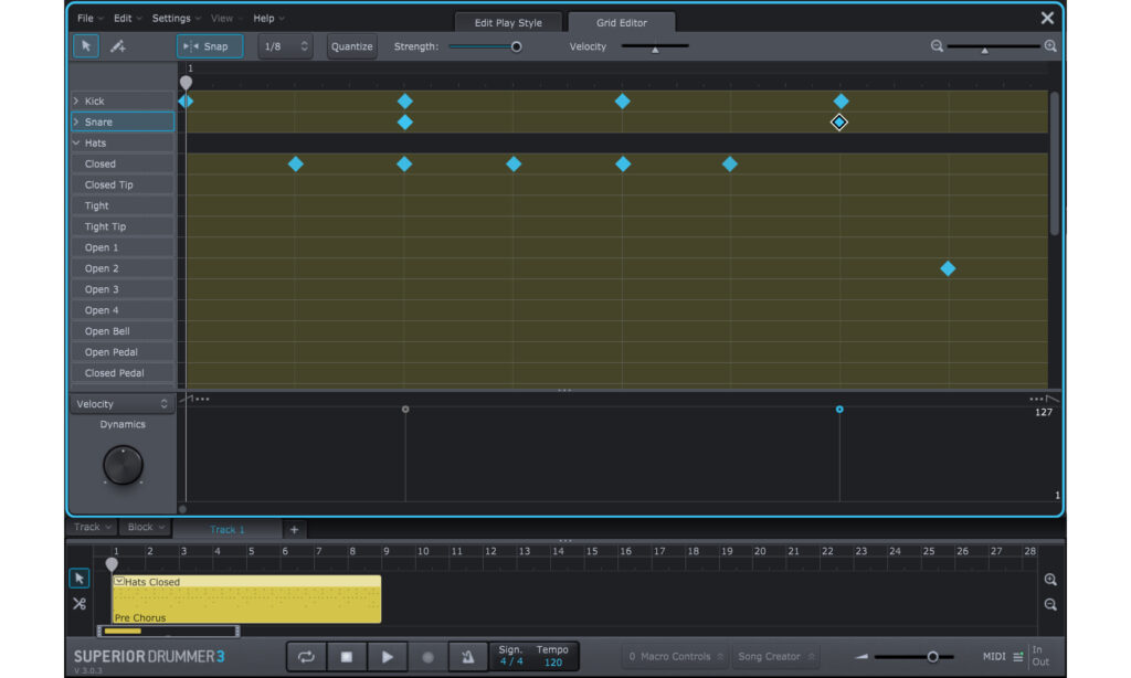 Der Toontrack Superior Drummer 3 bietet eine interne MIDI-Spur und einen recht vollständigen Grid-Editor, bei dem man sich keine Gedanken über das Mapping machen muss.