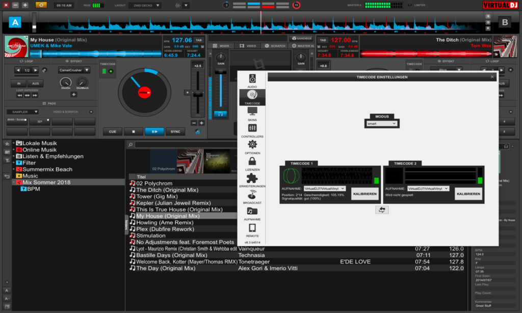VirtualDJ 2018 kann mit Timecode-Medien gesteuert werden, die Kalibrierung erfolgt automatisch, manuelle Eingriffe sind nicht möglich