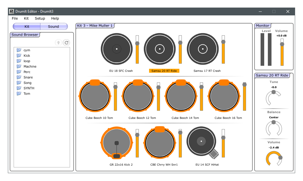 Auch das Zusammenstellen von Kits aus den Einzelklängen ist mit dem DrumIt Editor möglich. In diesem Screenshot wird eines der Werks-Kits bearbeitet.