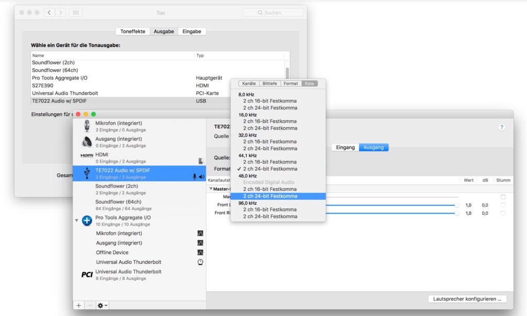 Das Class-Compliant-Gerät erscheint in dem Systemeinstellungen automatisch zur Ein- und Ausgangsanwahl. Die Auflösung und Sample Rate ist unter macOS im Audio-MIDI-Setup anwählbar.