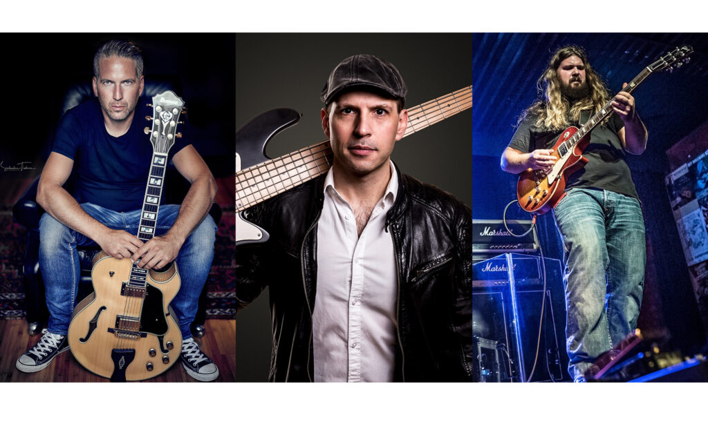 E-Gitarre und E-Bass lernen bei Uli Brodersen (li), Thomas Meinlschmidt (Mitte) und Ben Forrester aus New York - im Oktober in Neustadt a.d. Aisch!