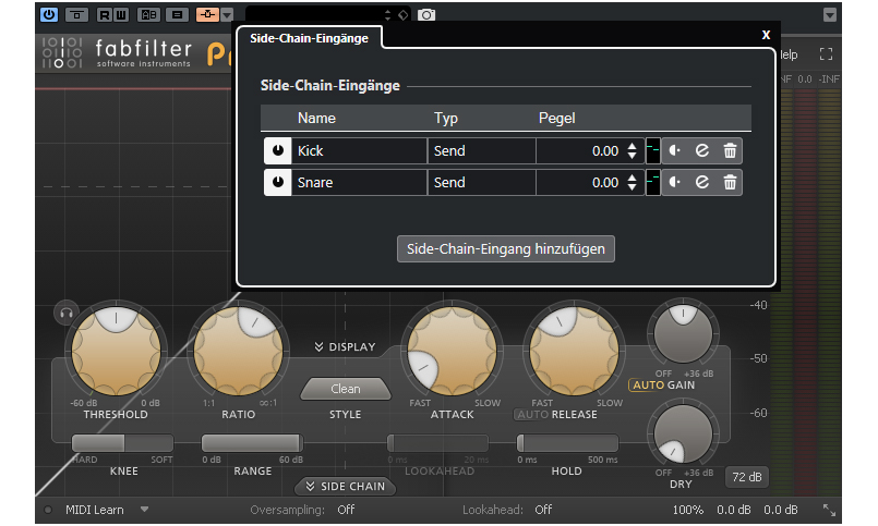 Das erweiterte Sidechain-System ermöglicht es, die Quellkanäle direkt aus dem Ziel-Plug-In heraus auszuwählen. In diesem Fall wird ein nicht in Cubase enthaltenes Plug-In von einem Drittanbieter verwendet, und auch das funktioniert wunderbar!