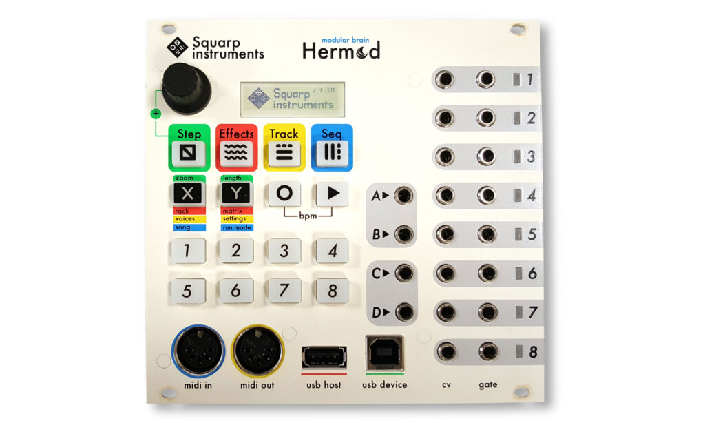 Der ‚Hermod‘ von Squarp Instruments ist nicht nur ein Achtspur-Sequenzer, sondern bringt auch ein CV-MIDI- und USB-Interface ins Eurorack. (Foto: Numinos)