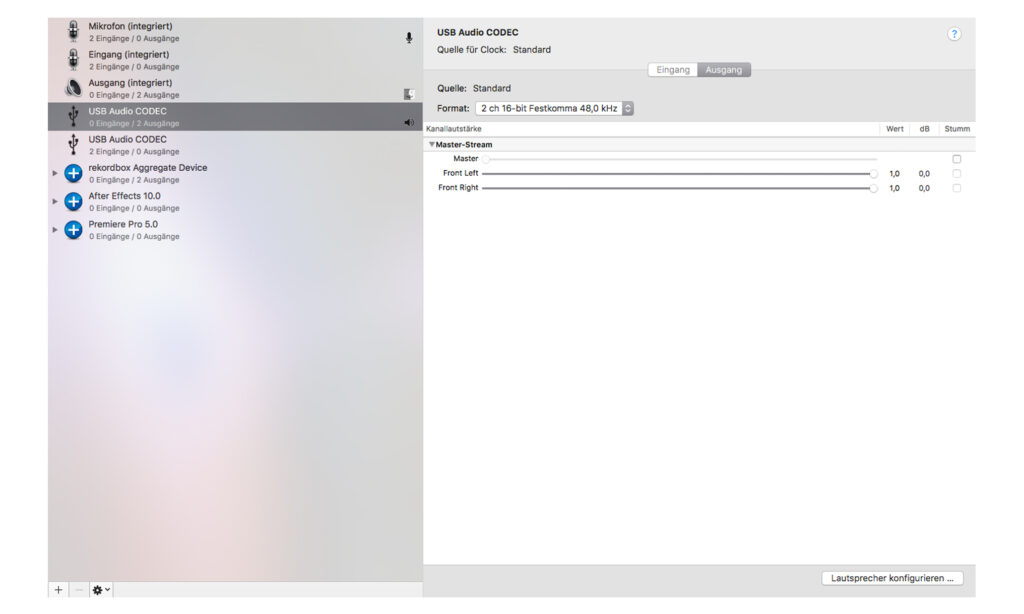 Im Audio-Setup erscheint der Mischer in Form von zwei Audiogeräten