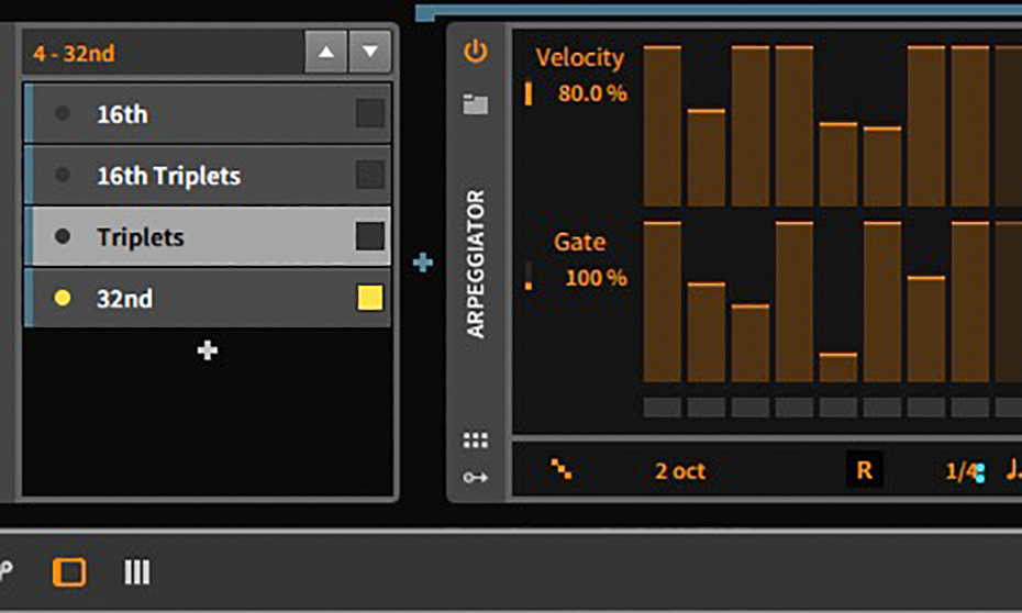 In diesem Note Fx Selector gibt es vier unterschiedlich schnell laufende Arps, die per Knopfdruck (gelber Punkt) umswitchbar sind.