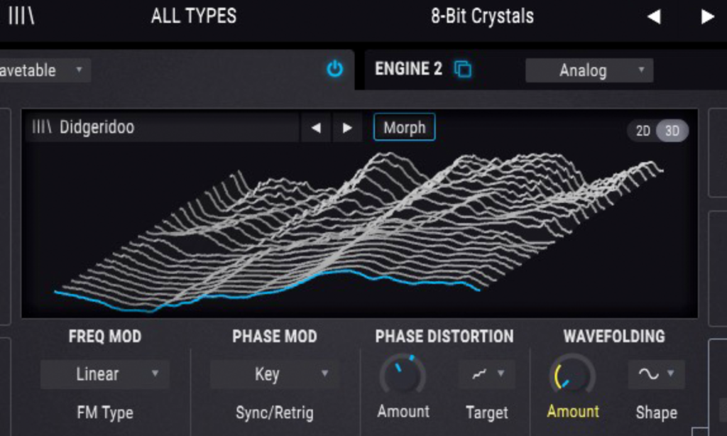 In der Wavetable-Engine gibt es neben verschiedenen Unison-Modes vier typische Wavetable-Effekte: Freq Mod, Phase Mod, Phase Distortion und Wavefolding