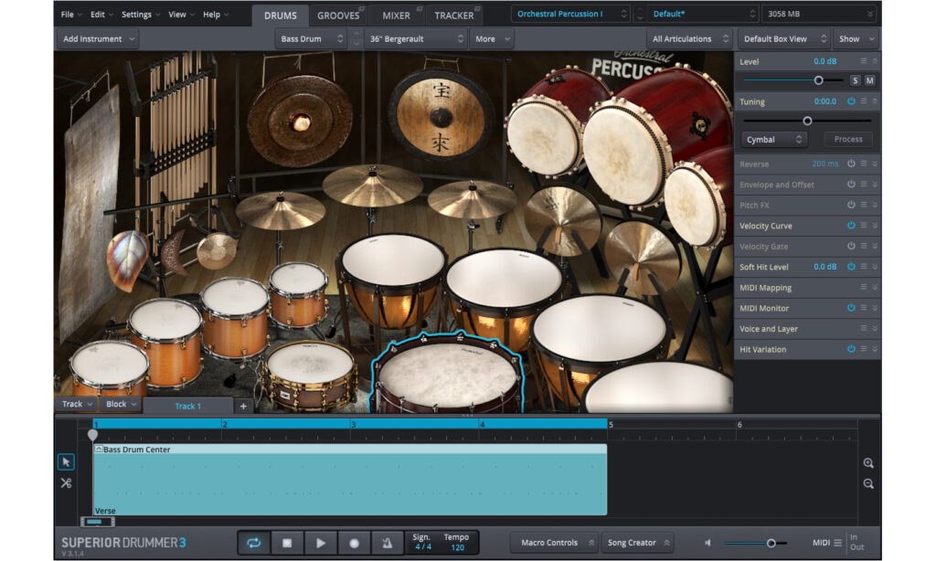 Die Hauptansicht der Orchestral Percussion SDX mit einem MIDI-Groove im Song-Track.