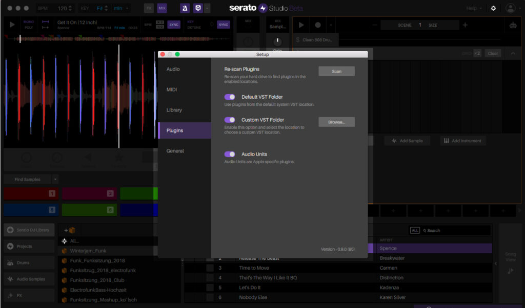 Serato Studio: Sowohl Audio Unit als auch VST Instrumente und FX können genutzt werden