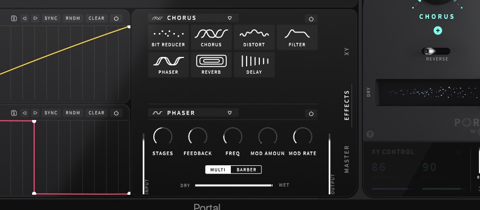 Portal kommt mit zwei Insert-Slots, in die einer der sieben Effekte geladen werden kann. Für den Gesamtsound stehen Filter und Kompressor bereit.