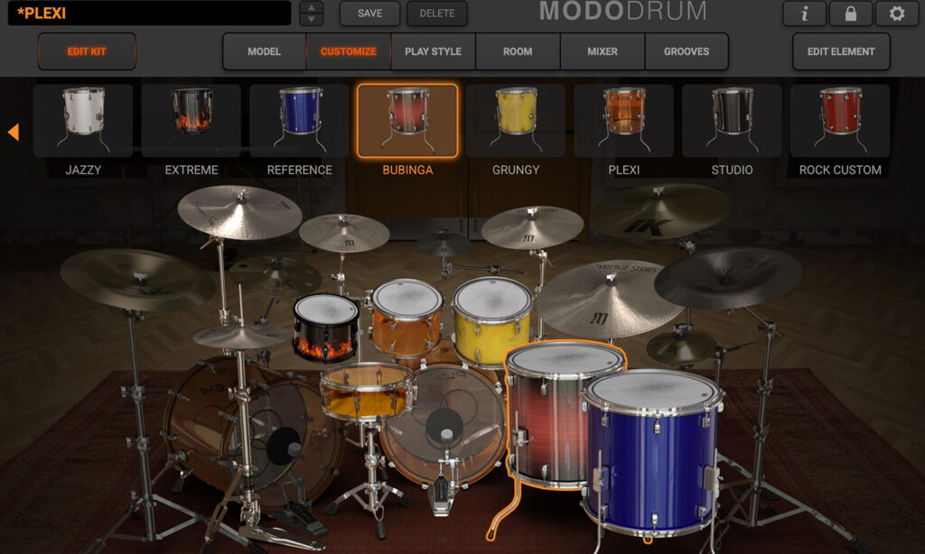 Sobald „Edit Kit“ angewählt ist, kann jedes Element eines Drumkits ausgetauscht werden.