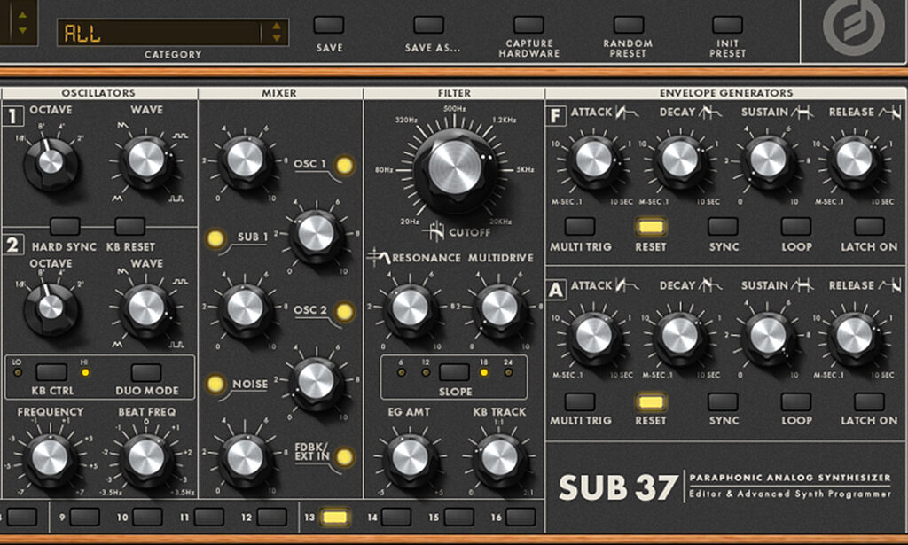 Die Filtersektion prägt den Klang subtraktiver Synthesizer deutlich - hier das Filter des Moog Sub 37 mit Multidrive-Regler für bissige, angezerrte Sounds. (Screenshot: Matthias Sauer)