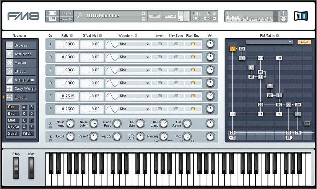 Komplexe Frequenzmodulation am Beispiel des Native Instruments FM8. (Screenshot: Matthias Sauer)