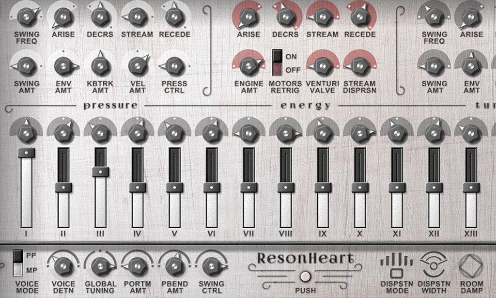 Bei der PM-Synthese finden sich spezielle Parameter zum Erregen und Resonieren von Klängen, so auch bei Xhun Audio Reson Heart. (Screenshot: Matthias Sauer)