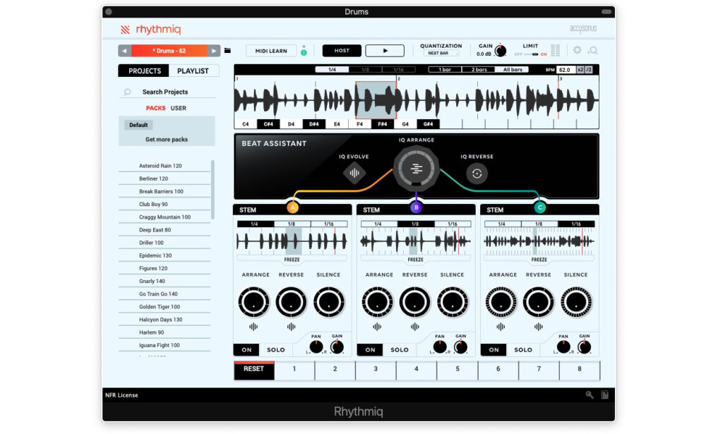 Das Interface ist überschaubar: In jedem der drei Stem-Slots können drei Rasterwerte eingestellt und die Loops mit den drei Hauptparametern editiert werden.