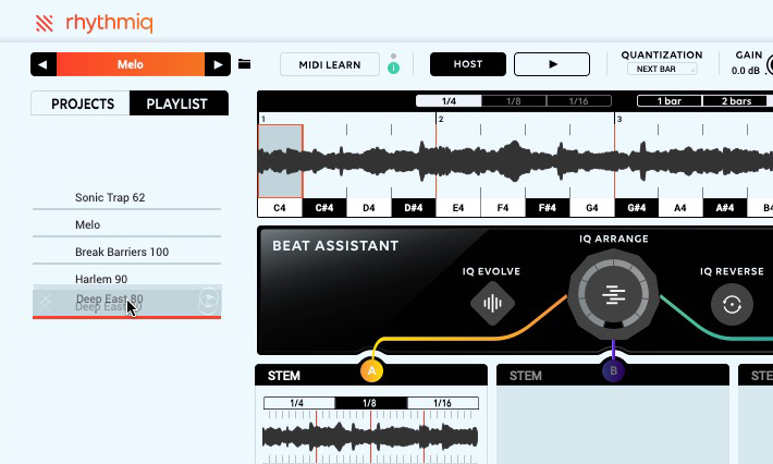 In einer Playlist lassen sich die Projekte samt Loops, Parameter-Settings und Variationen organisieren.