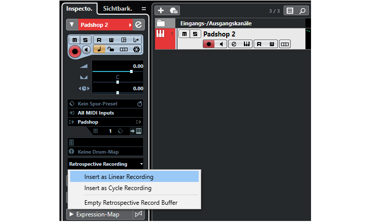 Cubase hört mit! Die Bedienelemente für die rückwirkende MIDI-Aufnahme finden sich im Inspector.