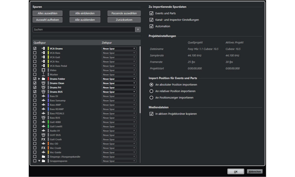  Beim Track-Import aus anderen Projekten, lassen sich nun auch Gruppen, Effektkanäle, VCAs und Ordnerspuren auswählen.