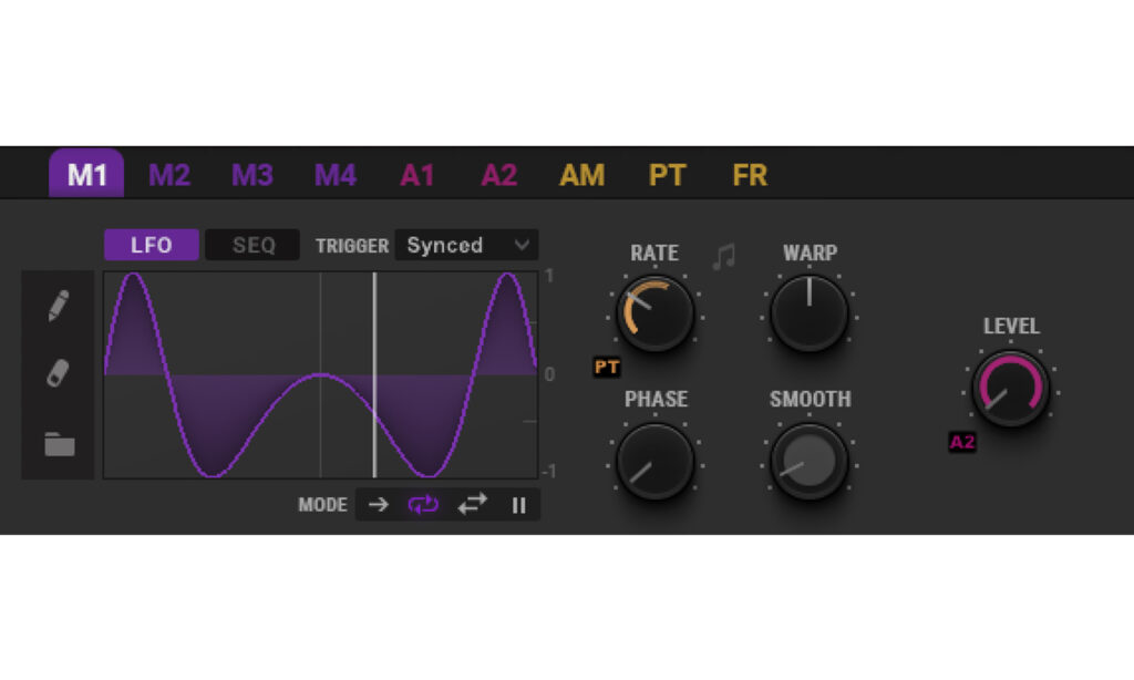 Vier Modulatoren stehen bereit. Sie können entweder als LFO oder Sequenzer fungieren.