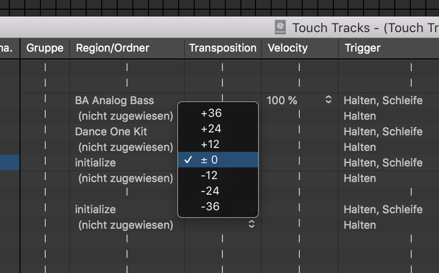 Jede Region kann selbstverständlich auch transponiert werden. Tipp: Ziehe eine Region mehrfach auf die Touch Tracks und transponiere sie unterschiedlich.