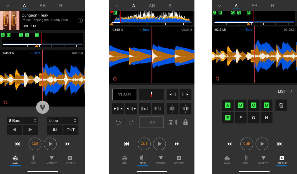 Verschiedene Player-Ansichten: Main Page, Grid Page und Hot Cue Page